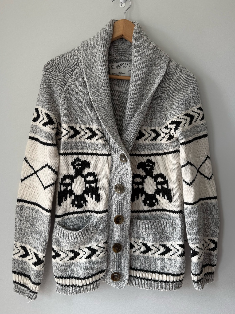 (M) Bluenotes Gray & Cream Shawl Collar Patterned Cardigan